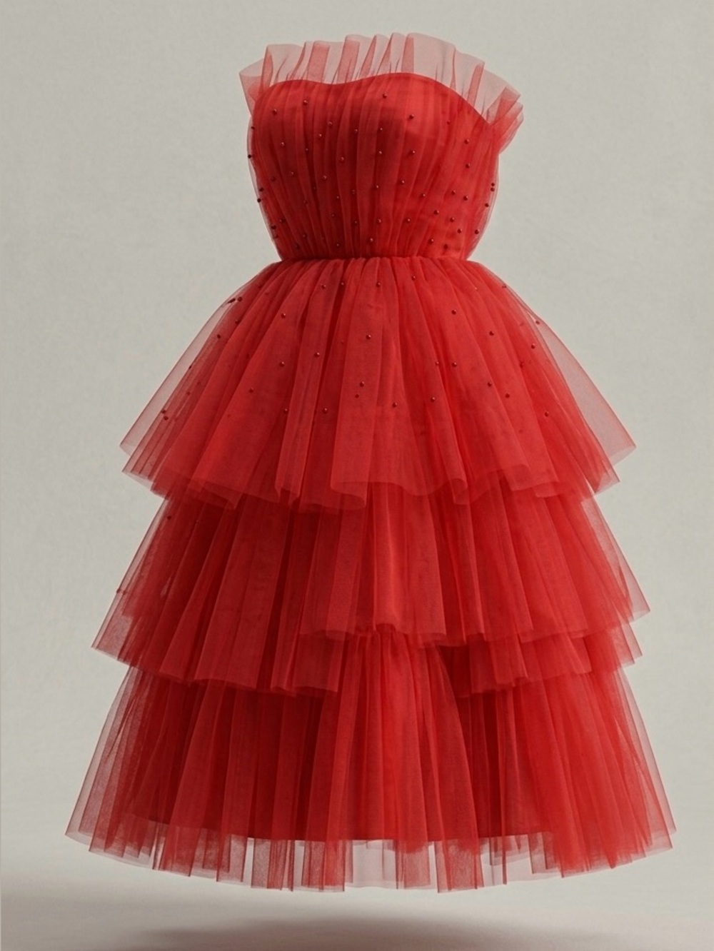 Strapless Red Ruffle Tulle Gown – Evening/ Event Dress-NWT